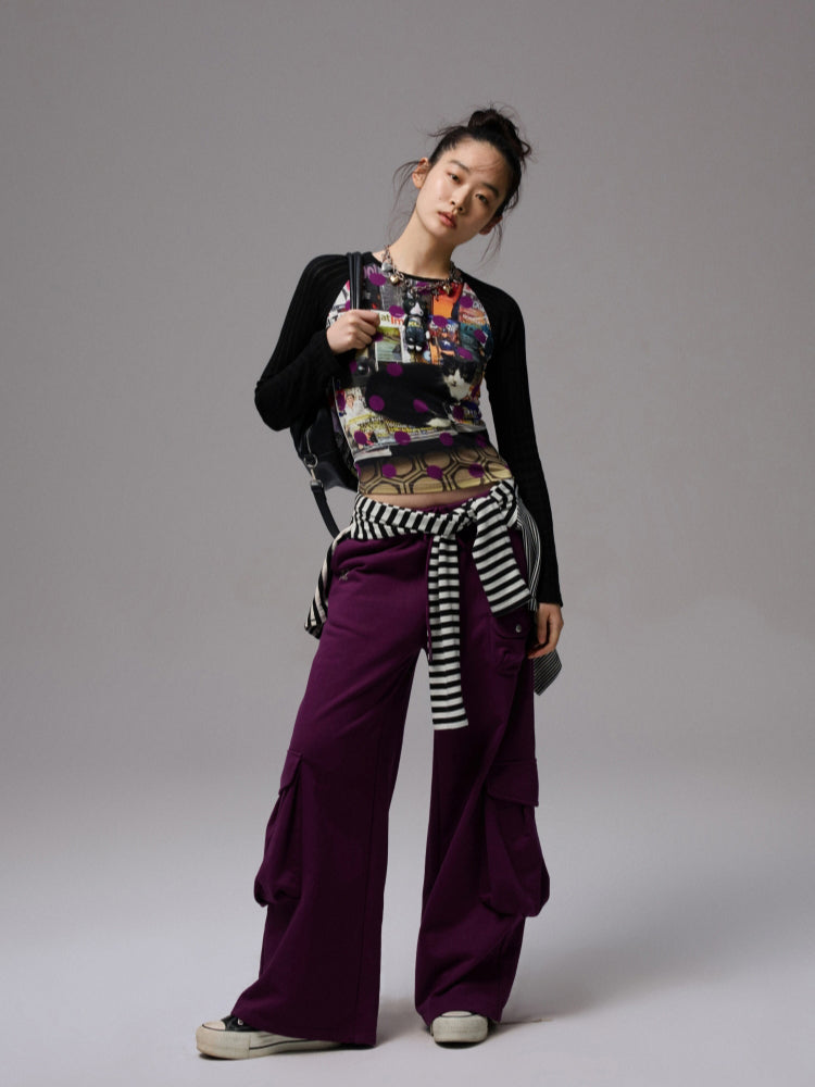 Cat Print Raglan Sleeve Color-Blocking T-Shirt