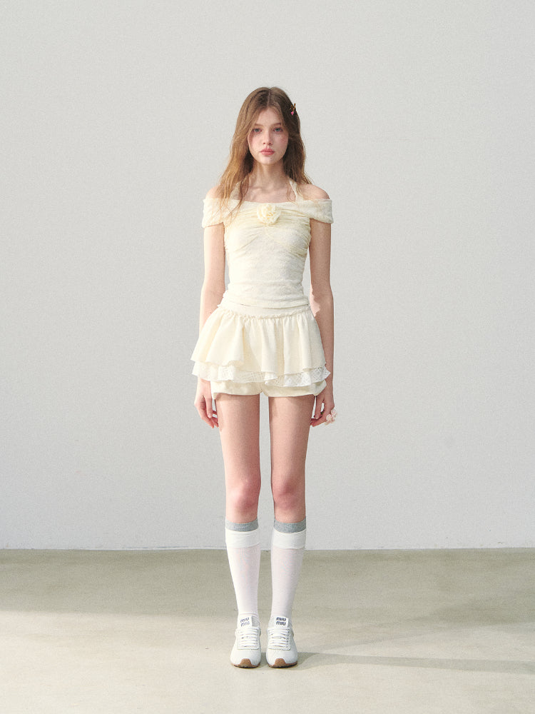 Off Shoulder 3D Flower Lace Short Top - CHINASQUAD