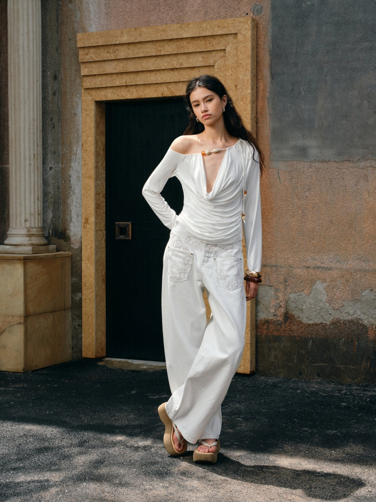 Beaded Cowl Neck Off-shoulder Long-sleeve Tunic - CHINASQUAD