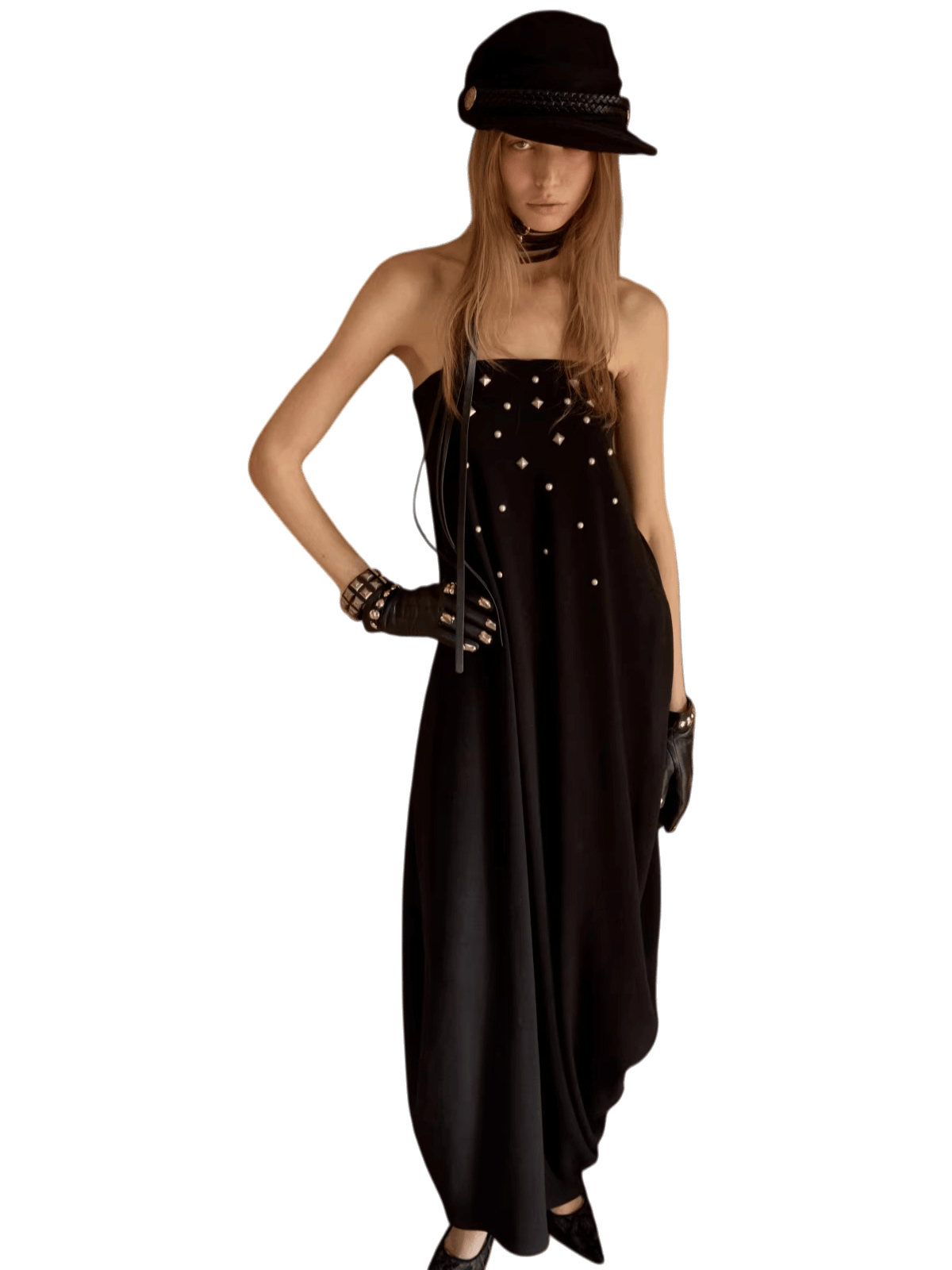 Studded Sculptural Strapless Maxi Dress