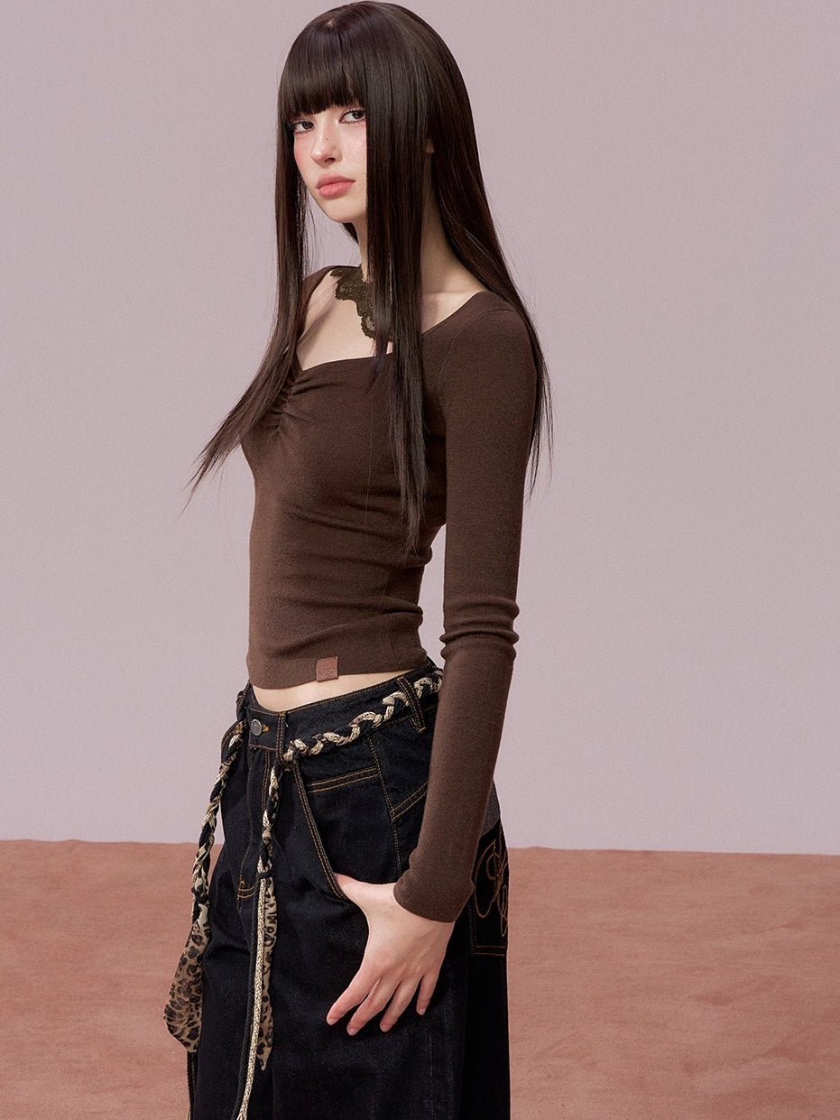 Ruched Lace-Trim Fitted Knit T-Shirt