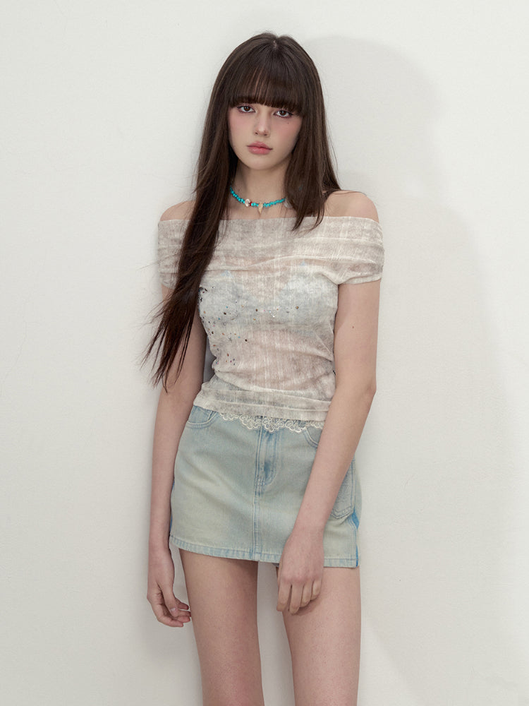 Light Blue Lace Panel Skirt - CHINASQUAD
