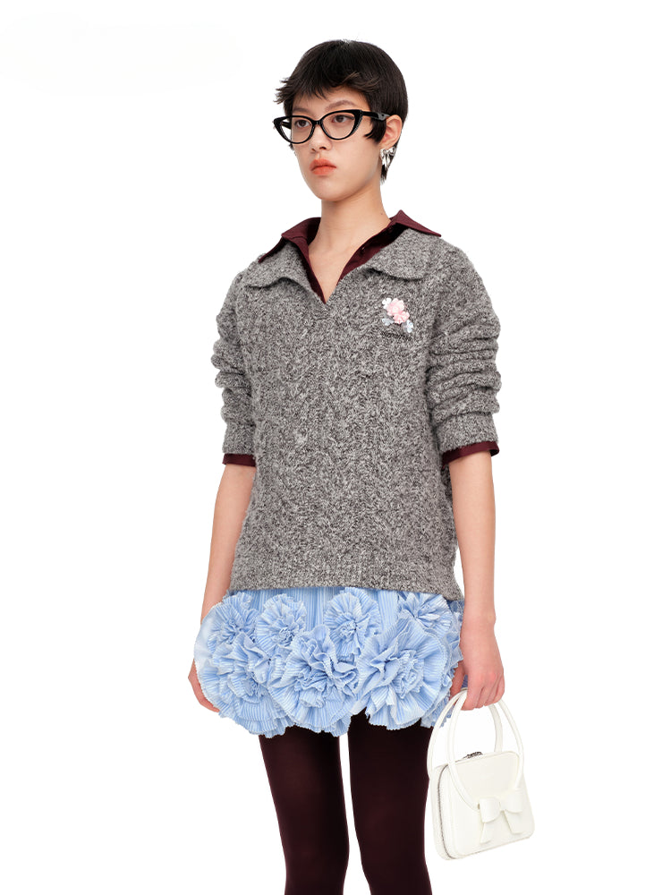 Black & Brown Floral Embellished Collared Knit Sweater - CHINASQUAD