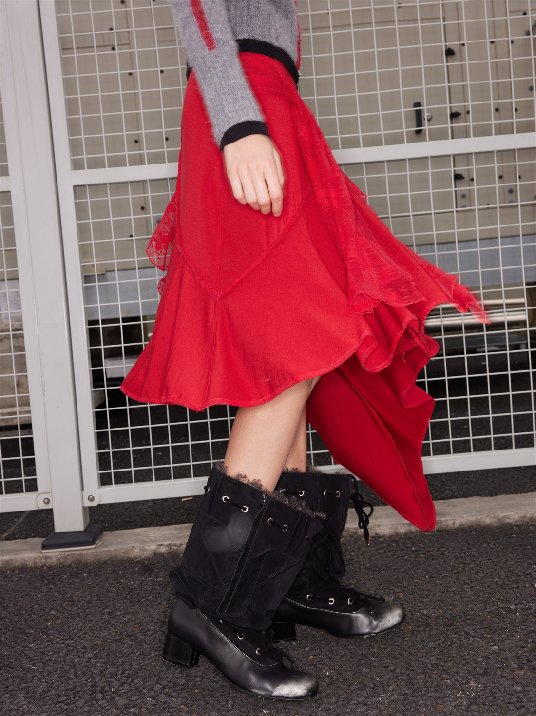Wool Lace Patchwork Asymmetrical Skirt - CHINASQUAD