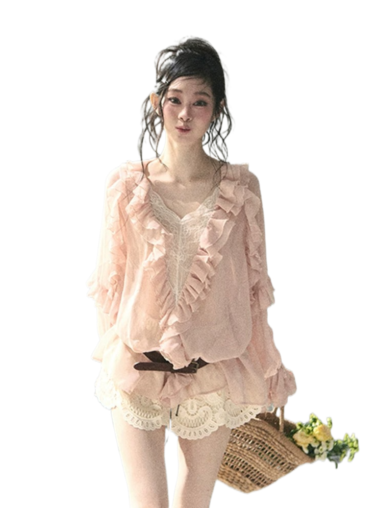 laubeblanc Ruffle chiffon Blouse 美品 French Ruffle Lace Chiffon Blouse – CHINASQUAD