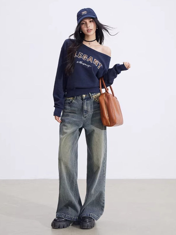 Off-Shoulder Letter-Print Cropped Sweatshirt