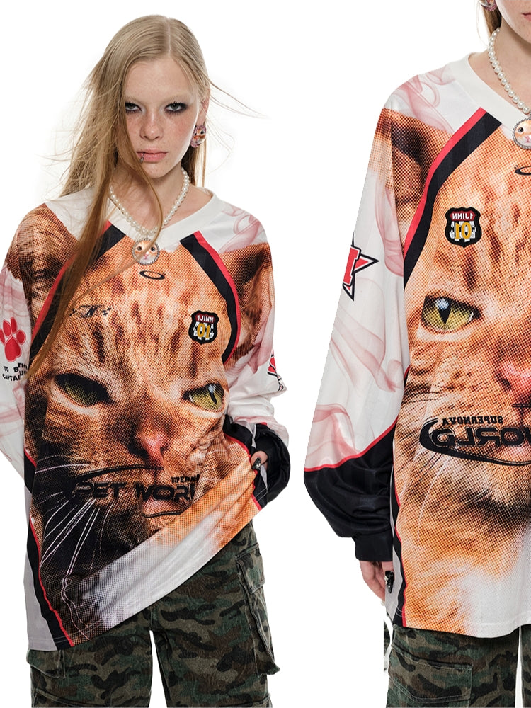Large Face Cat Print Basketball Long T-shirt - CHINASQUAD