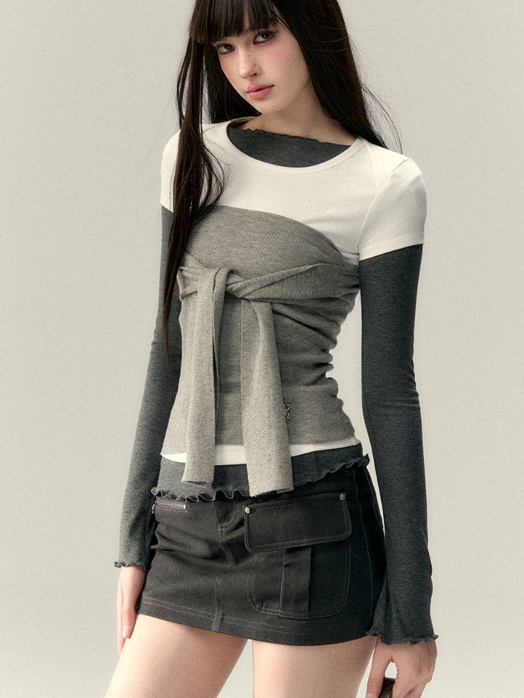 Gray & Navy Blue Tie-Knitted Top - CHINASQUAD