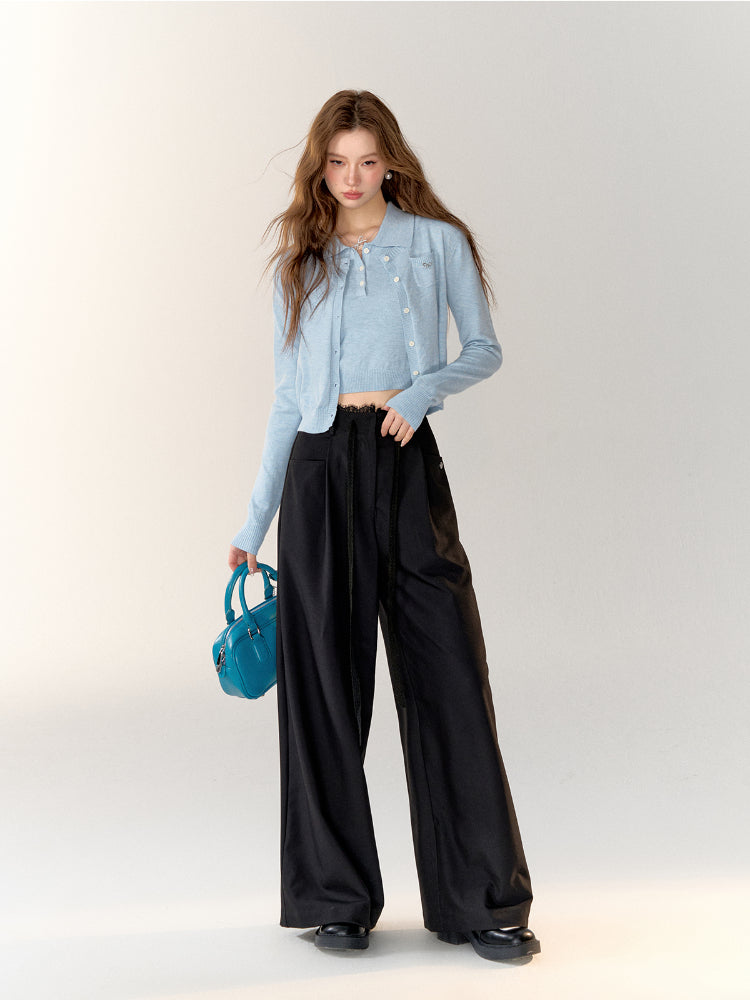 Lace Spliced High-Waisted Straight-Leg Wide Pants - CHINASQUAD