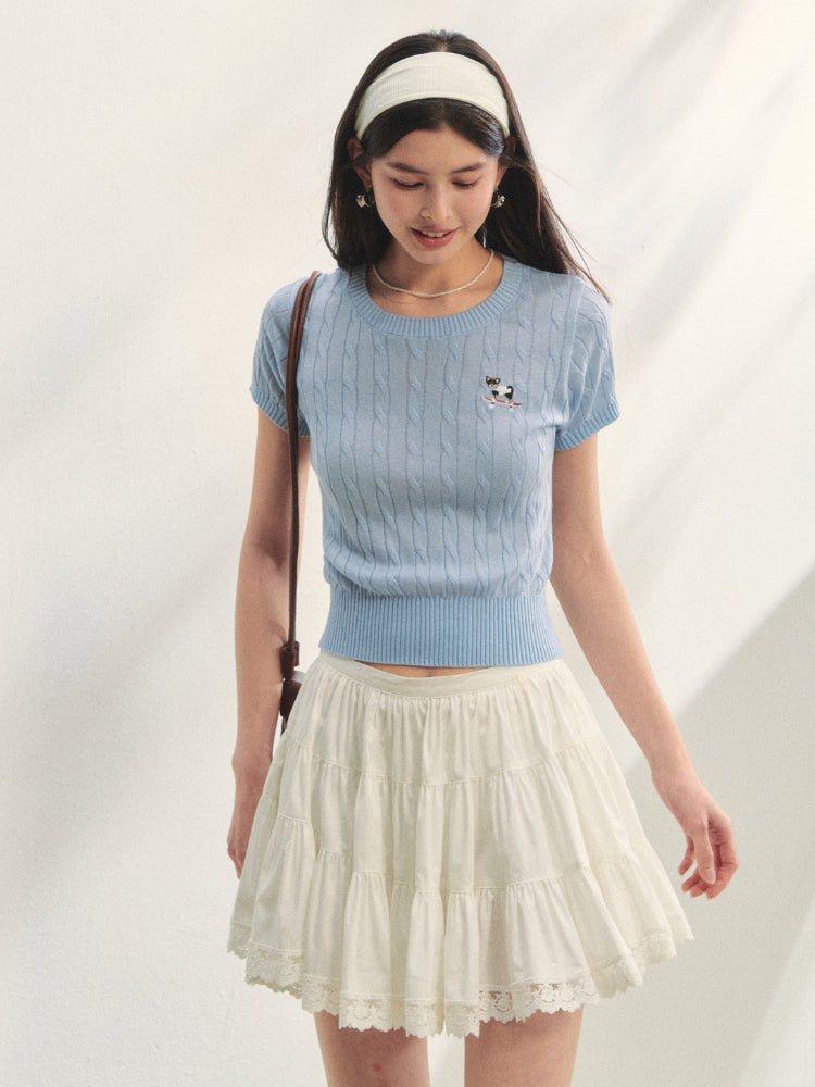 Puppy Embroidered Regular-shoulder Twist Knit T-shirt - CHINASQUAD