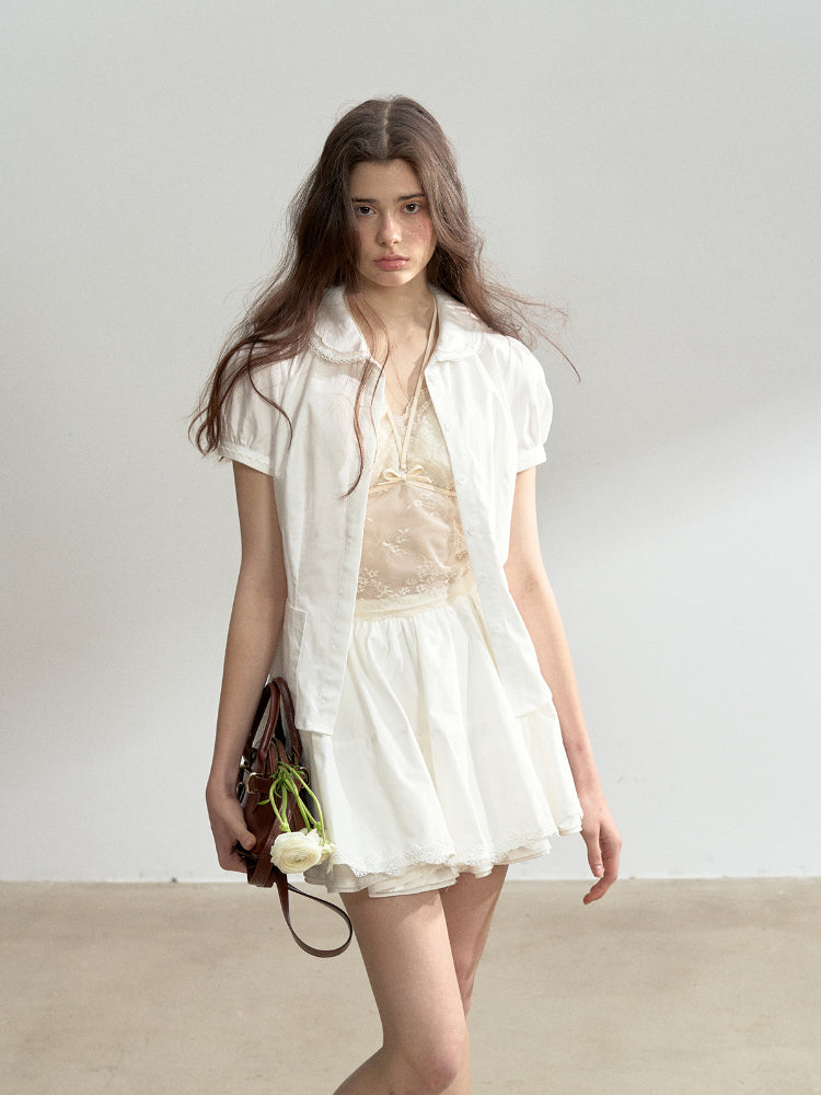 Cotton Lace Embroidered Collar Shirt & Skirt Set - CHINASQUAD