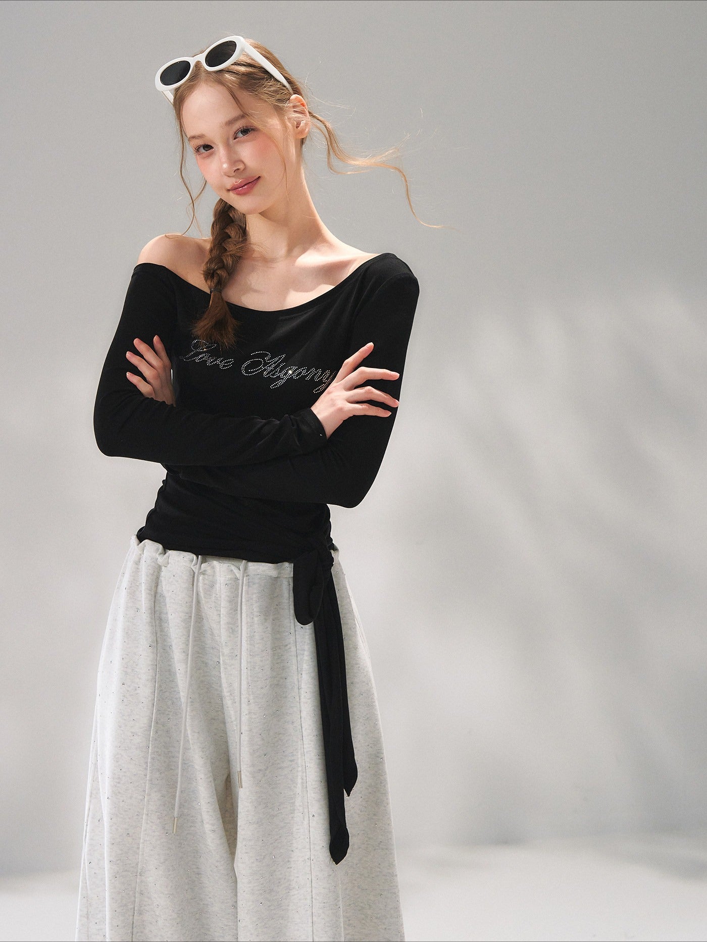 Asymmetric Crystal Logo Tie-Shoulder Fitted Tee
