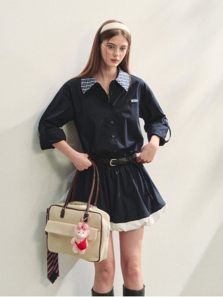 Black Lapel Checkered Panel Tulip Dress - CHINASQUAD