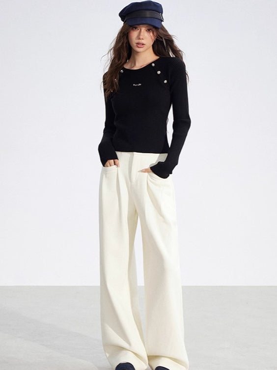Two-Tone Layered Ribbed Knit Crewneck