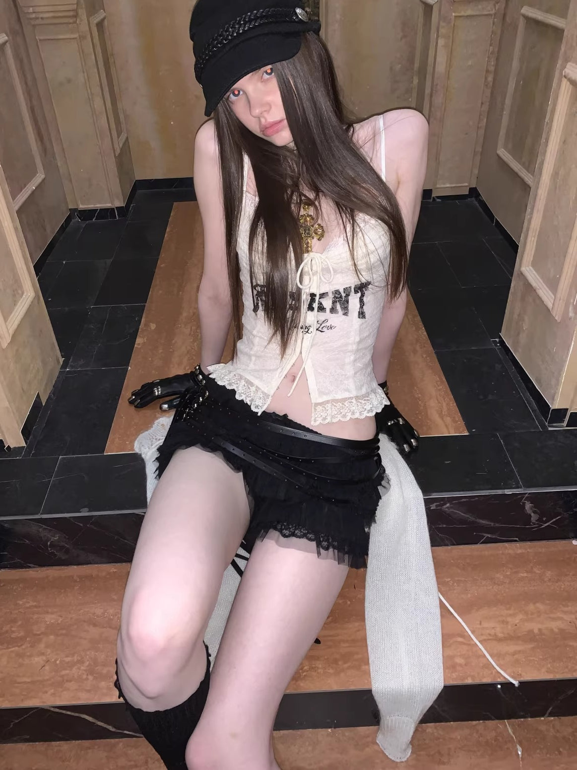 Lace-Up Letter Print Corset Camisole