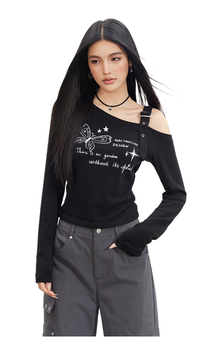 Butterfly Cold-Shoulder Long-Sleeve T-shirt - CHINASQUAD