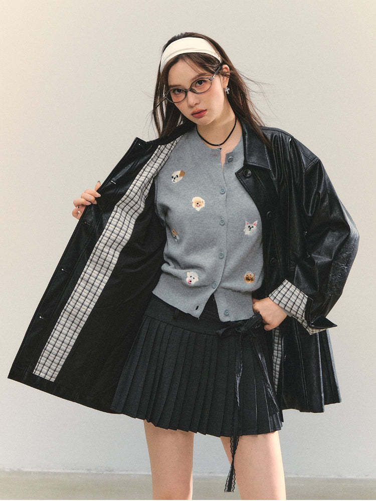 Black H-shaped Cuff Checkered Spliced Leather Jacket - CHINASQUAD