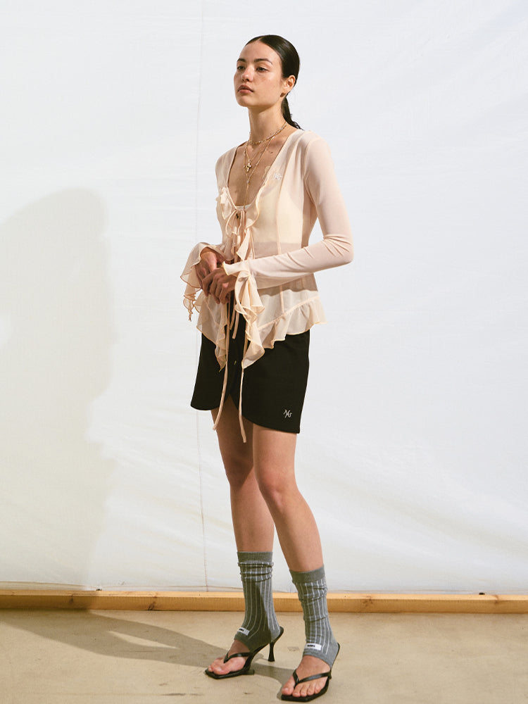 V-Neck Ruffle Mesh Overlay Top - CHINASQUAD