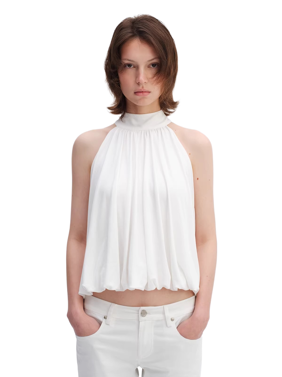 Lyocell Bubble Hem Halter Neck Blouse