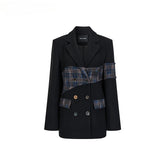 Wool Plaid Patchwork Mid-Length Coat - CHINASQUAD