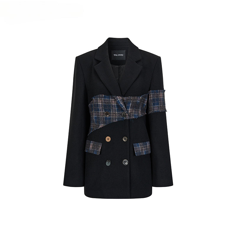 Wool Plaid Patchwork Mid-Length Coat - CHINASQUAD
