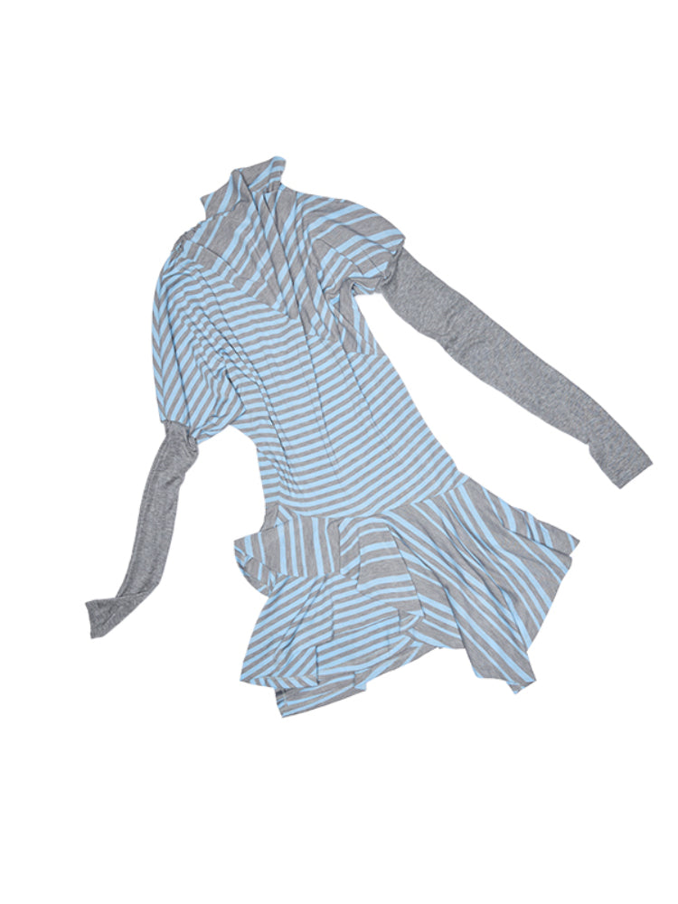 Blue-Gray Striped Irregular Patchwork Dress - CHINASQUAD