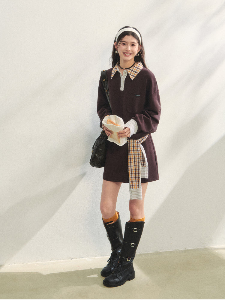 Fake Two-Piece Checkered Shirt Panel Sweatshirt - CHINASQUAD