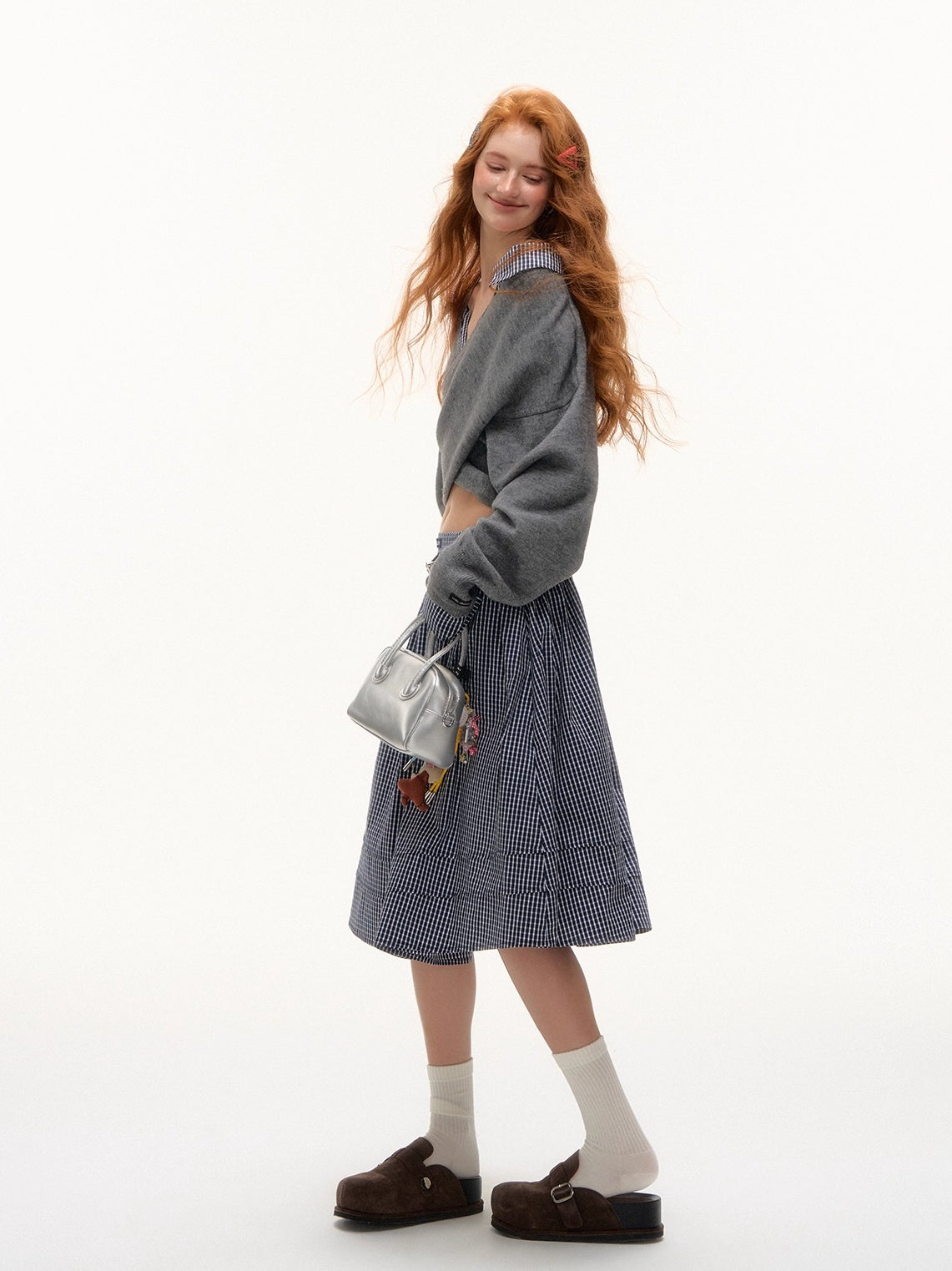 Off-Shoulder Plaid Panel Cross Sweatshirt - CHINASQUAD