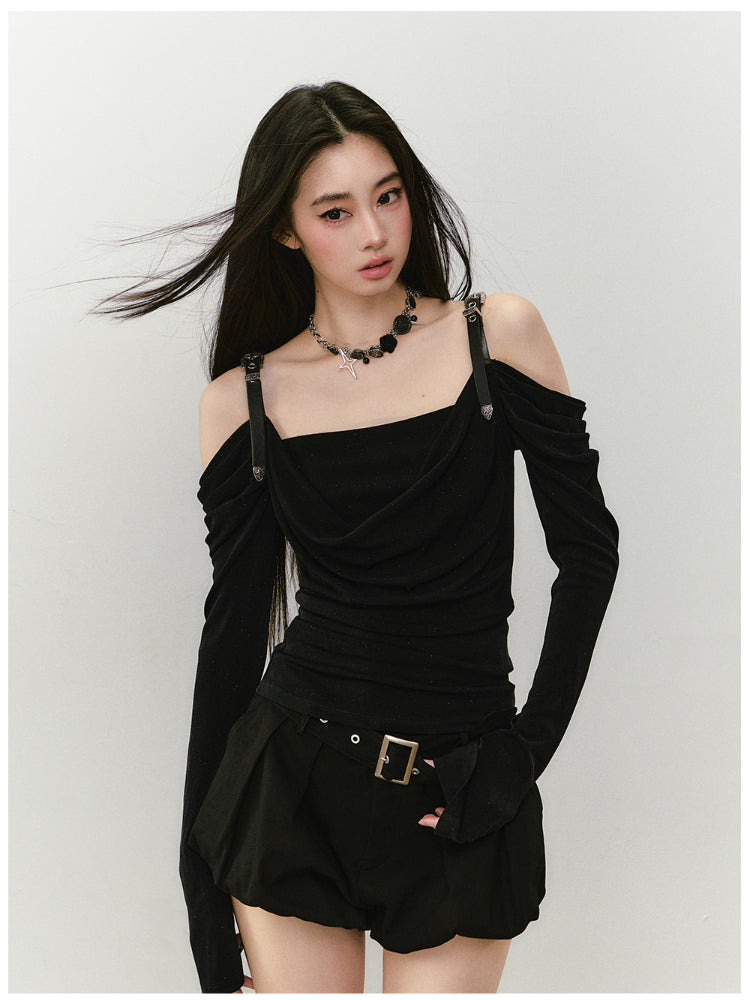 Draped Neck Leather Strap Acetate One-shoulder T-shirt - CHINASQUAD