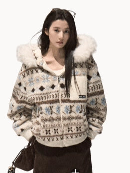 Jacquard Shearling Hooded Short Jacket