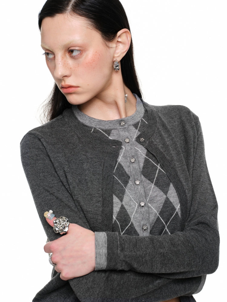 Diamond Pattern Fake Two-Piece Cardigan & Pant Set - CHINASQUAD