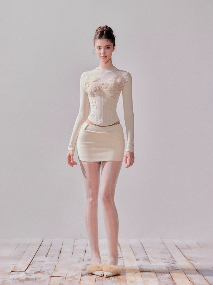 Pine Cream Lace Thermal Knit Top & Skirt Set