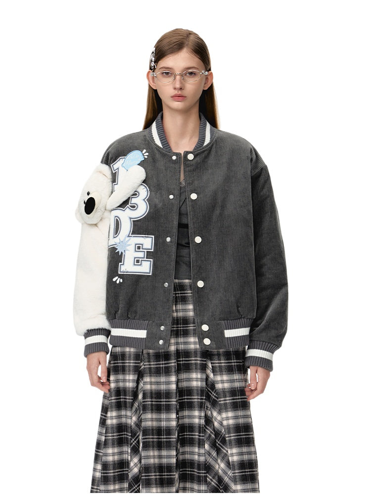 Bear Sleeve Corduroy Baseball Jacket - CHINASQUAD