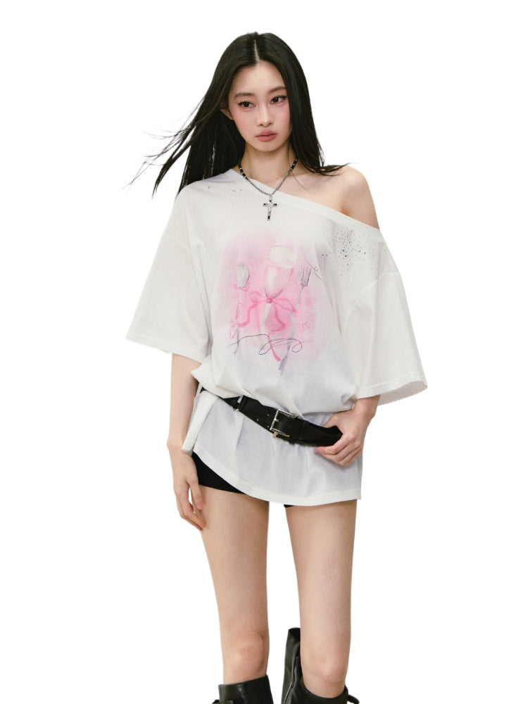 Rhinestone Printed Asymmetric Shoulder Short sleeve T-shirt - CHINASQUAD