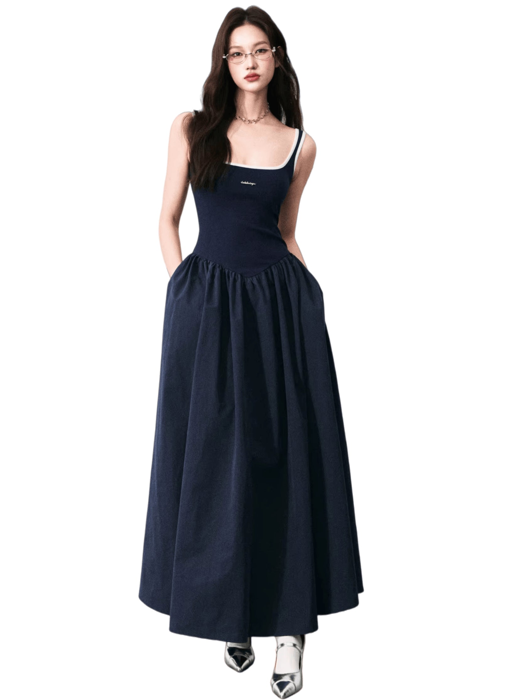 Contrast-Trim Backless Slip Maxi Dress