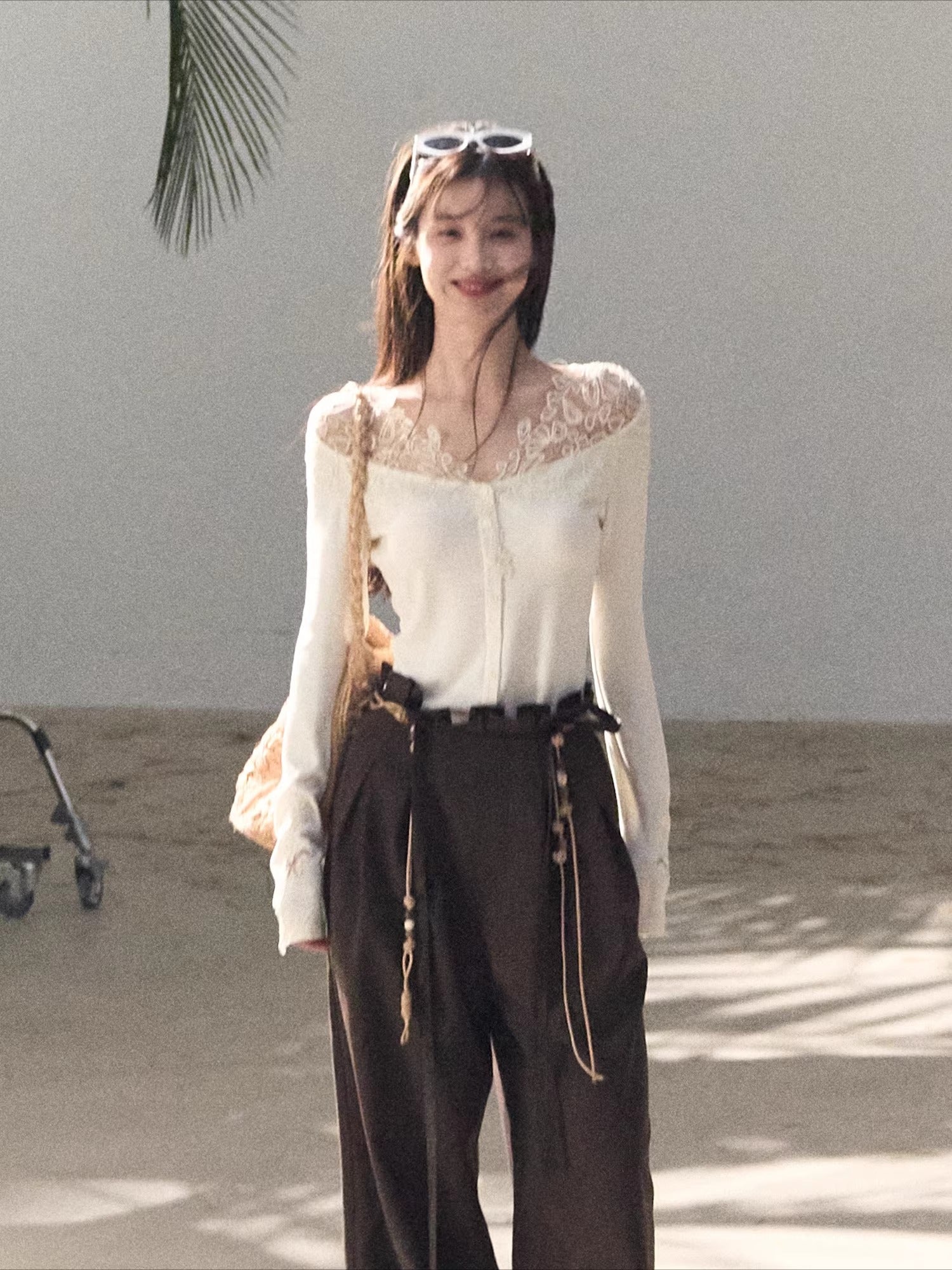 Sculpted Lace-Trim V-Neck Fitted Knit Cardigan