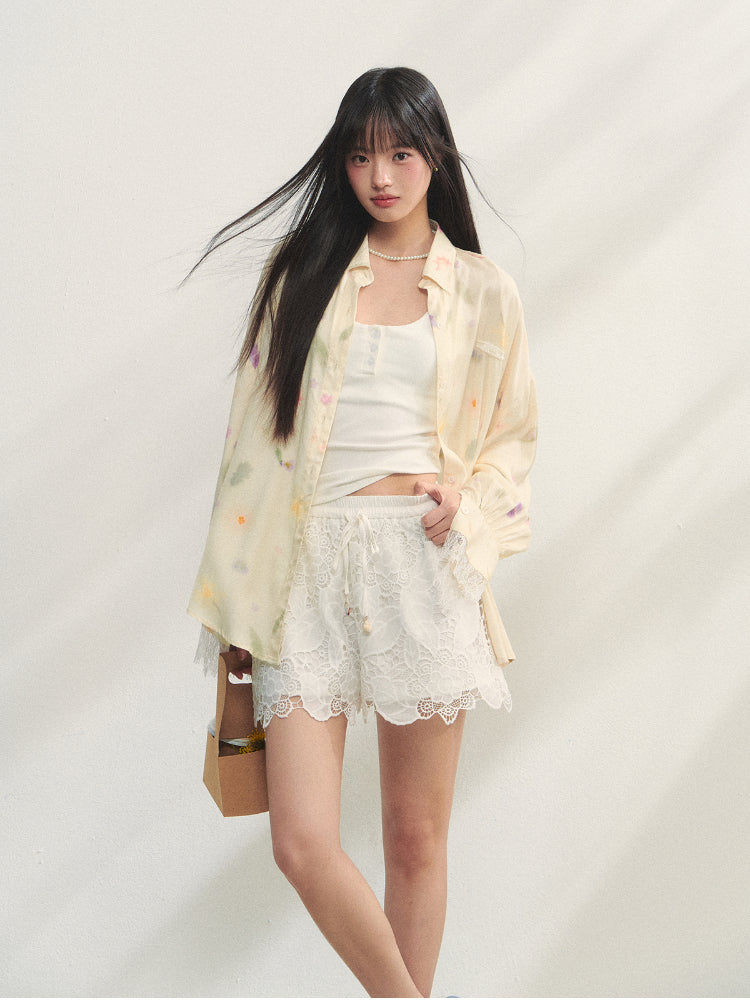 White Lace Hollow-Out Tie-Up Shorts