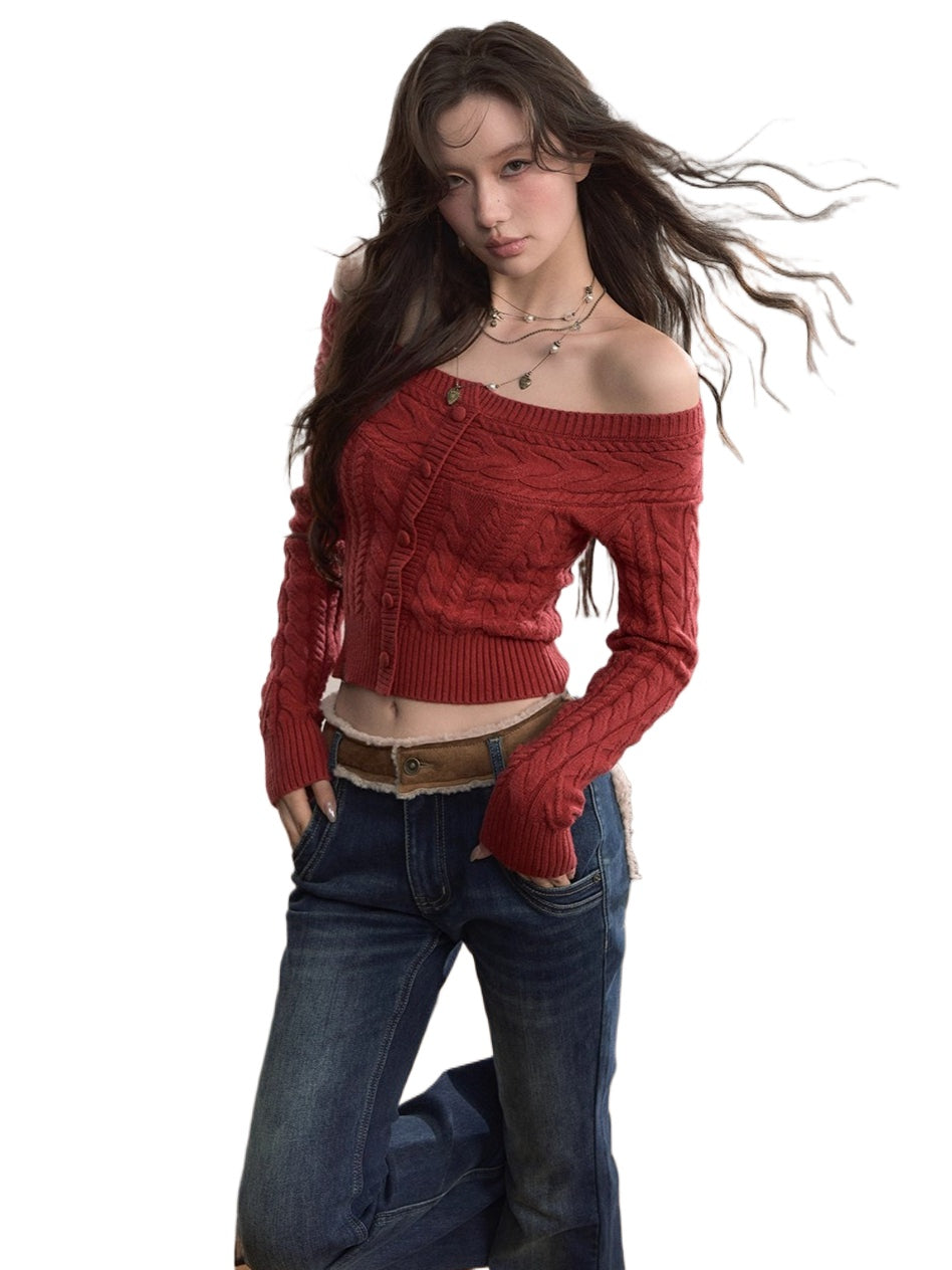 Off-Shoulder Cable Knit Cardigan - CHINASQUAD