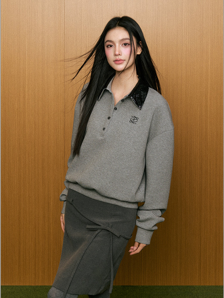 Sequin Collar Polo Sweatshirt - CHINASQUAD