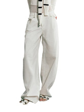 (Final Sale) White Lace-trimmed Slant-wash Loose-fitting Jeans - CHINASQUAD