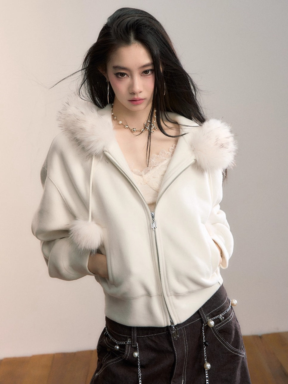 Faux Fur Collar Wool-Blend Fleece Jacket