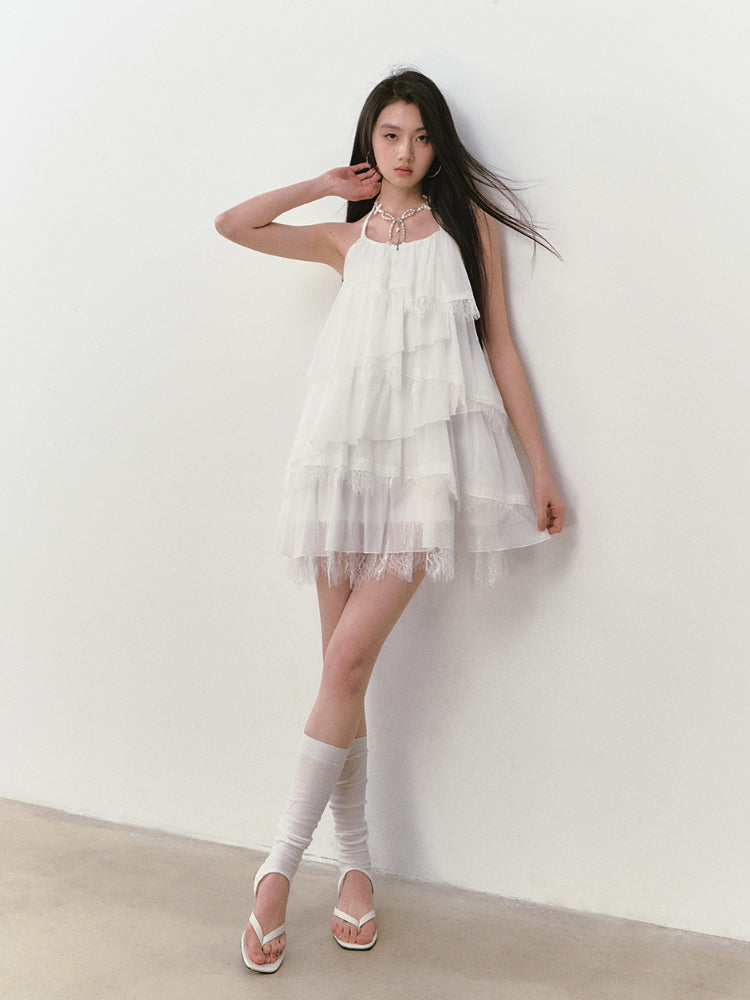 Lace-spliced Cake-style Halter Dress