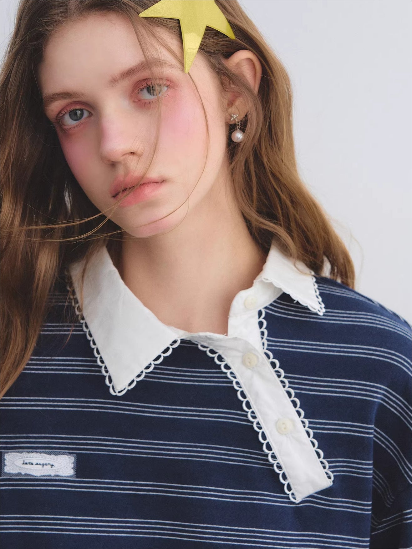 Placket Ruffle Collar Striped Sweatshirt