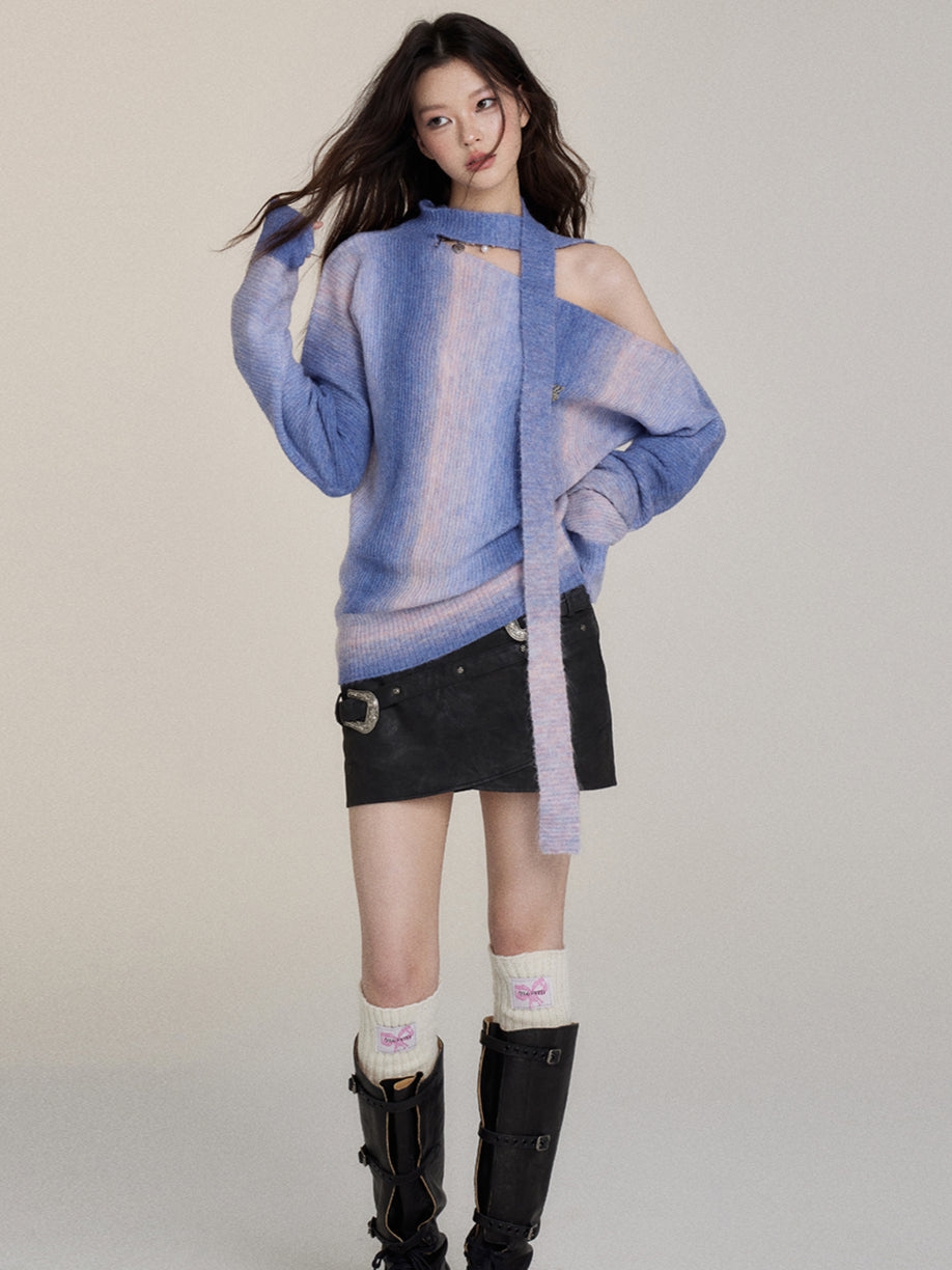 Designed Off-Shoulder Gradient Sweater - CHINASQUAD