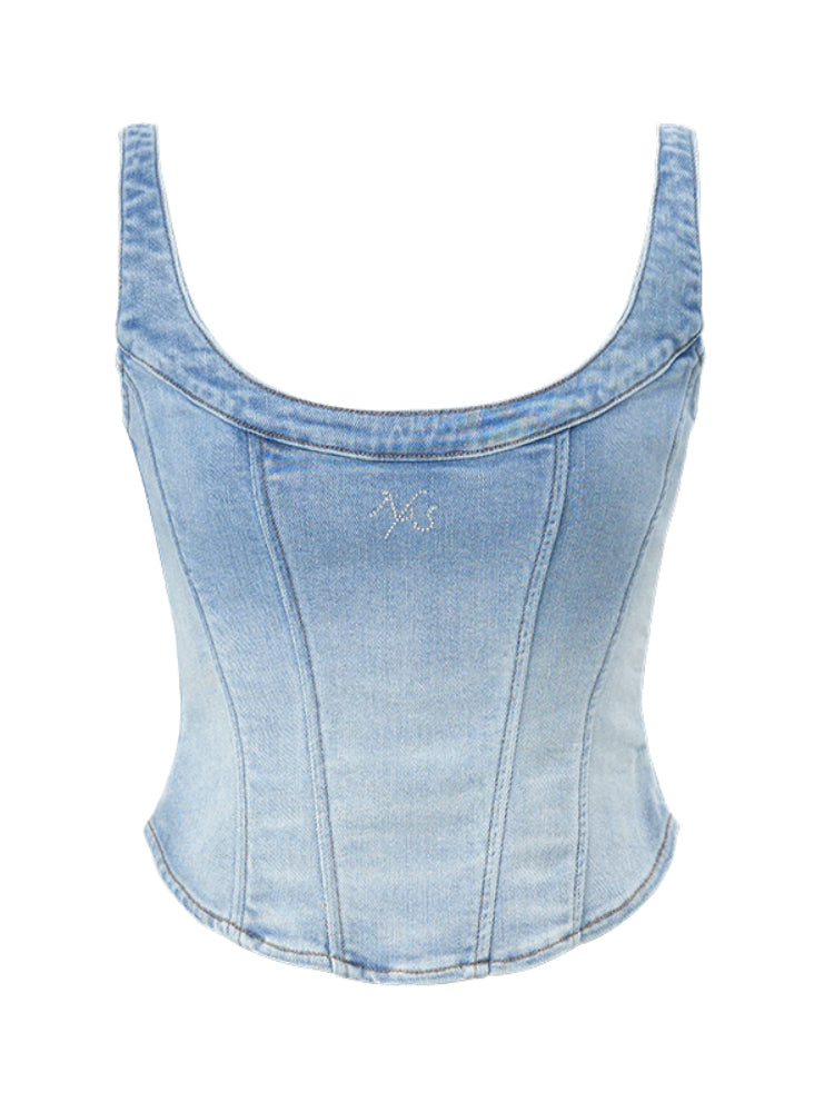 Twill Denim Big U-neck Waist Cinching Vest - CHINASQUAD