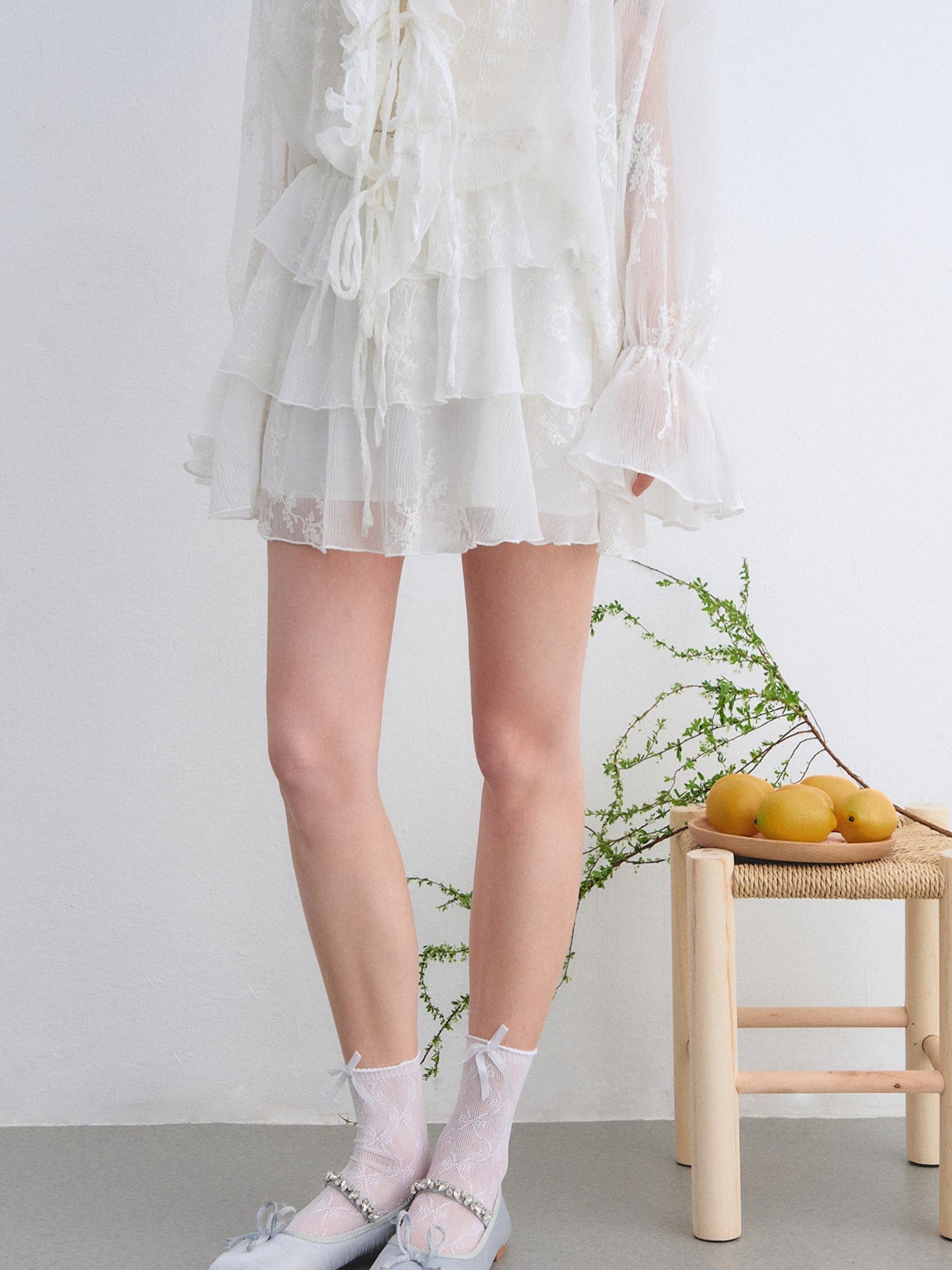 Embroidered Ruffle Chiffon Shirt & Tiered Skirt Set