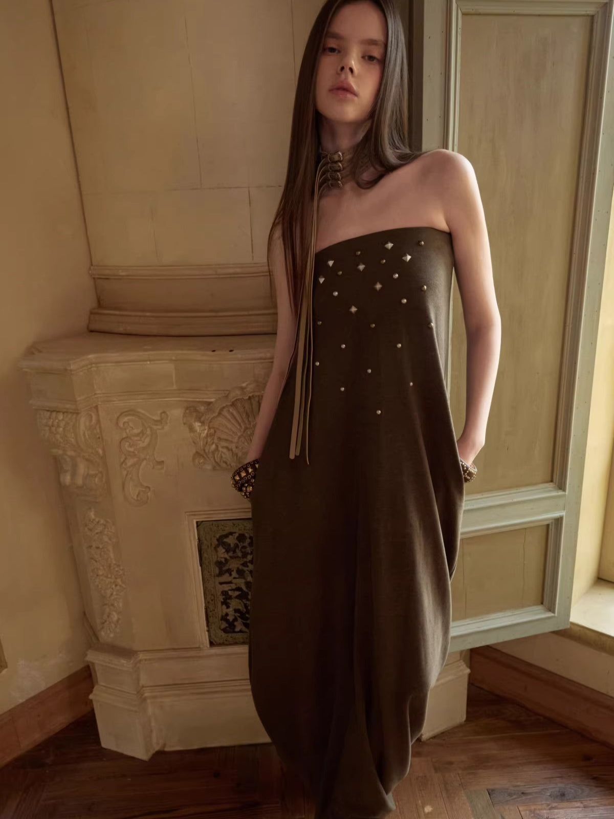 Studded Sculptural Strapless Maxi Dress