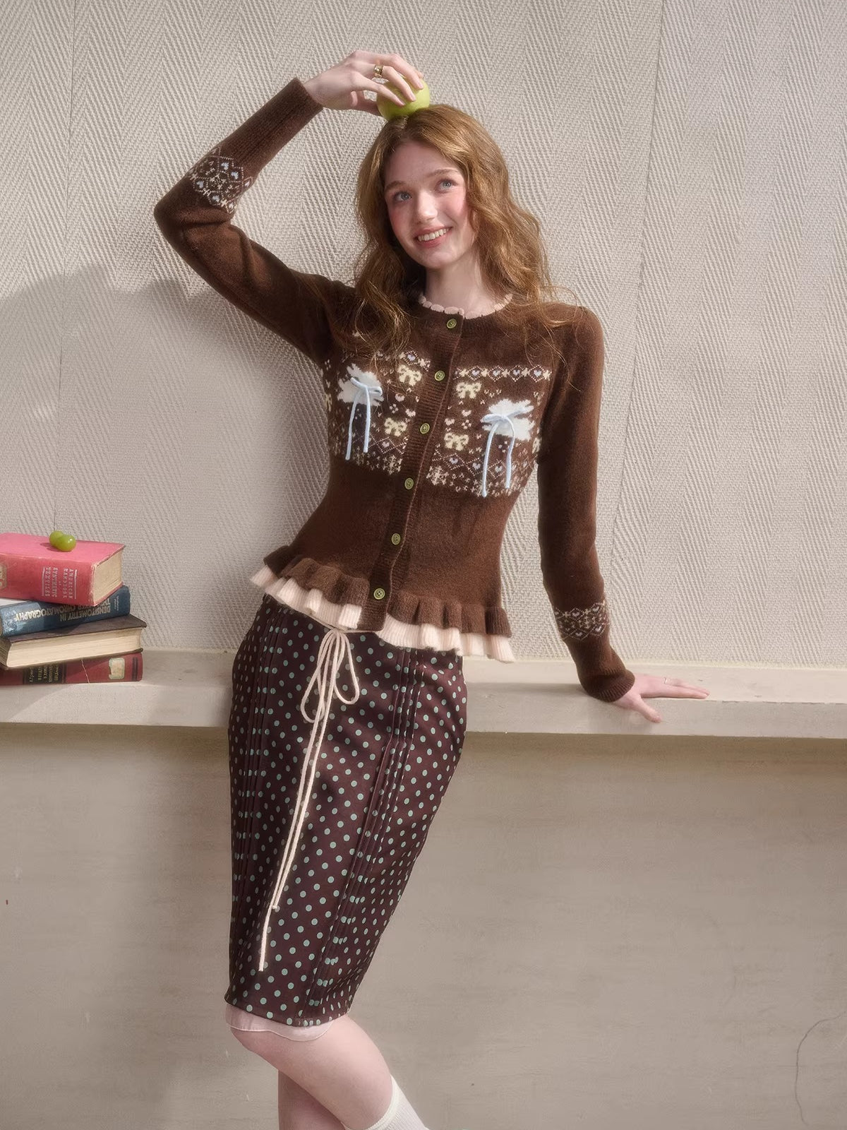 Fair Isle Knit Cardigan & Polka Dot Skirt Set