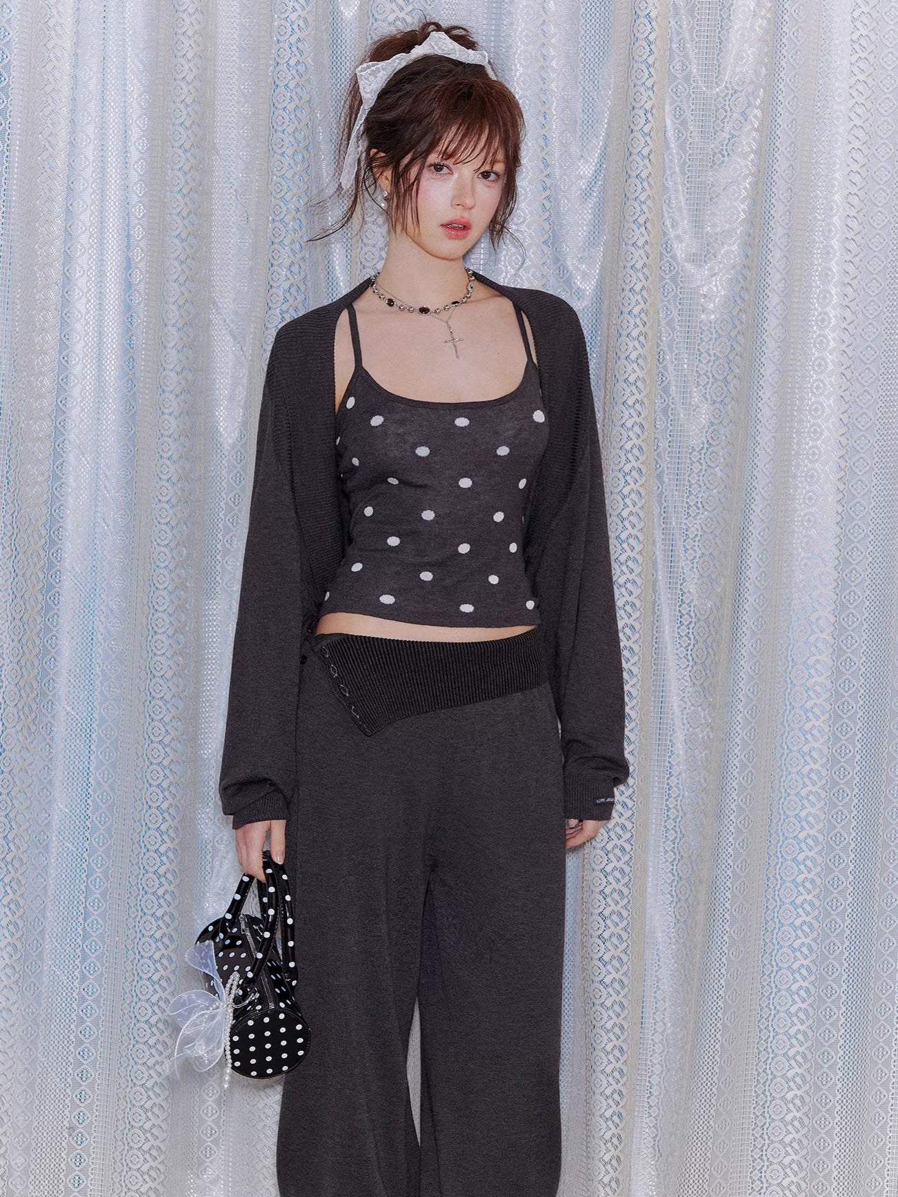 Contrast Polka Dot Cardigan & Cami Set