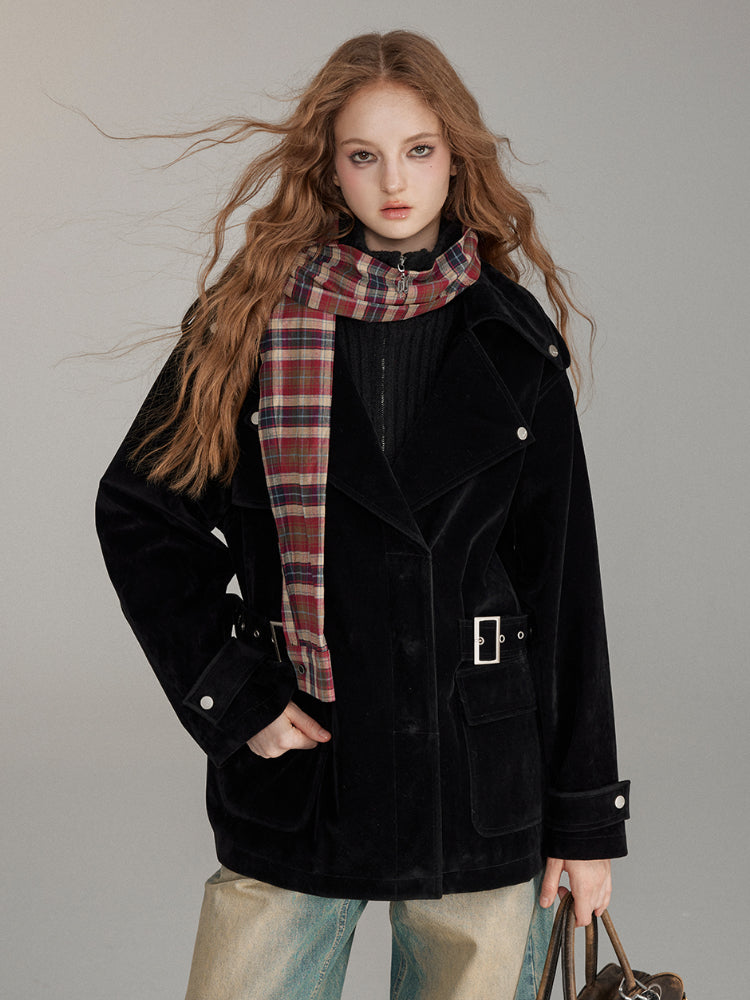 (Final Sale) Lapel Patchwork Velvet Coat - CHINASQUAD